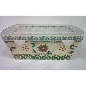 Temptations Old World Ovenware Mini Loaf Pan Green Poinsettia w Lid Christmas